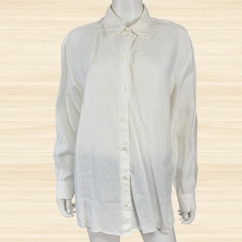 Liz Claiborne 100% Linen White Button Down Shirt L Coastal Resort Oversized
